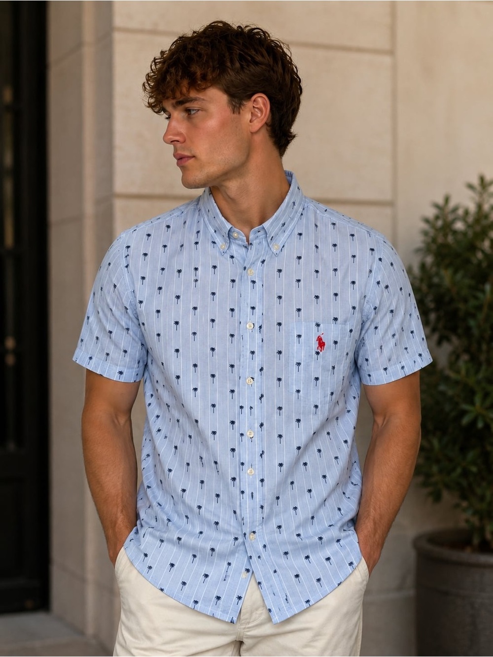 U.S. Polo Assn. Light Blue Short-Sleeve Button-Down Shirt with Navy Palm Print